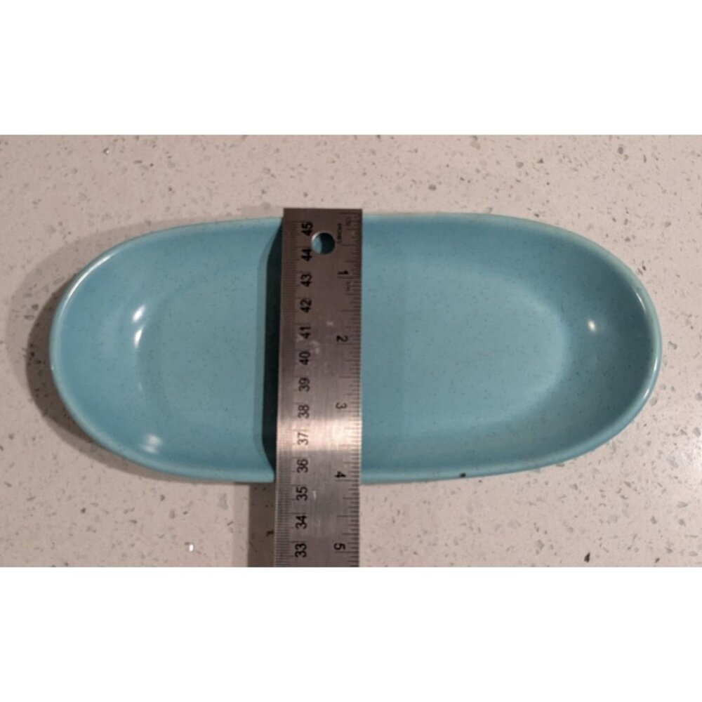 Vernon Ware Aqua Speckled Pottery Butter Dish MCM no lid 8" X 4" - Picture 3 of 9